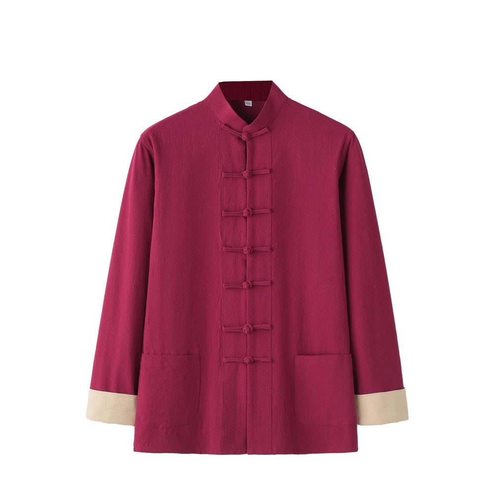 NineFit Basics Chinese Style Long Sleeve Tai Chi Cotton And Linen Tang Suit Uniform for Men (wine red, L), Large