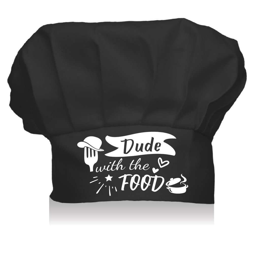 CREATCABIN Chef Hats Cooking Hat Elastic Cotton Kitchen Baker Reusable Adjustable Stretch Chef Gifts for Men Women Adult Grilling Unisex Baking Hibachi-Dude with The Food 9 x 11.8Inch(Black)