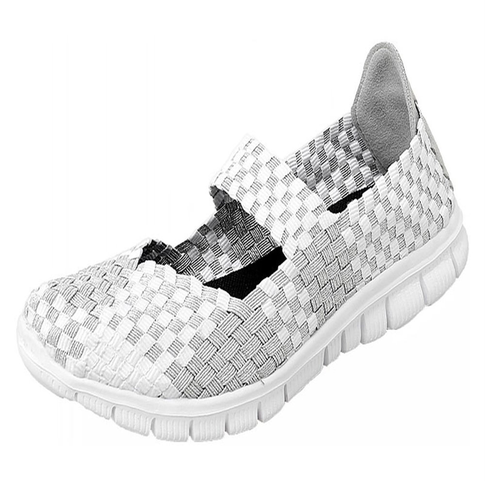 Icegrey Women's Woven Elastic Walking Shoes Flats Slip on Sneakers Comfortable Casual Stretch Shoes White