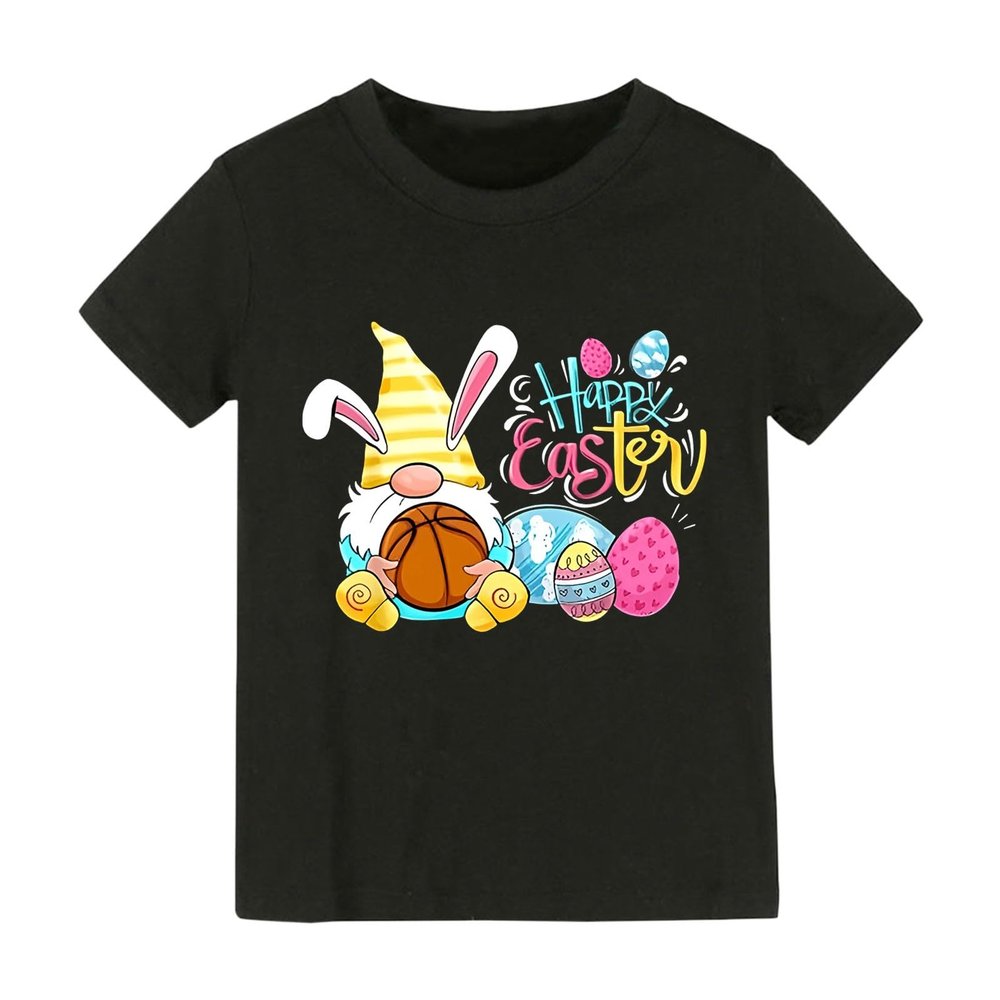 AIMAOMI Girls Easter Day T Shirt Cute Bunny Easter Egg Tee Gnomes Chicks Happy Easter Clothes (R1-Black, 4-6 Years)