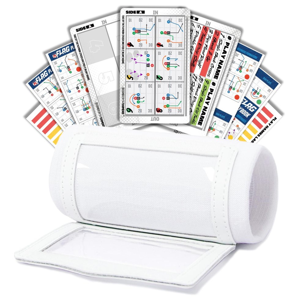 1NMORE 5v5, 7v7 Football Wristbands with Playbook System, Quarterback Wrist Coach for Youth, Flag Football Wrist Bands with Plays Stickers & PVC Cards (White, 5 on 5)