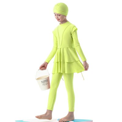 IDOPIP Muslim Swimsuit for Girls Kids Modest Islamic Swimwear Long Sleeve Full Cover Burkini Swimsuits Bathing Suit 3PCS Rash Guard Top Pants Hijab Swimming Outfits Fluorescent Green 3PCS 9-10 Years