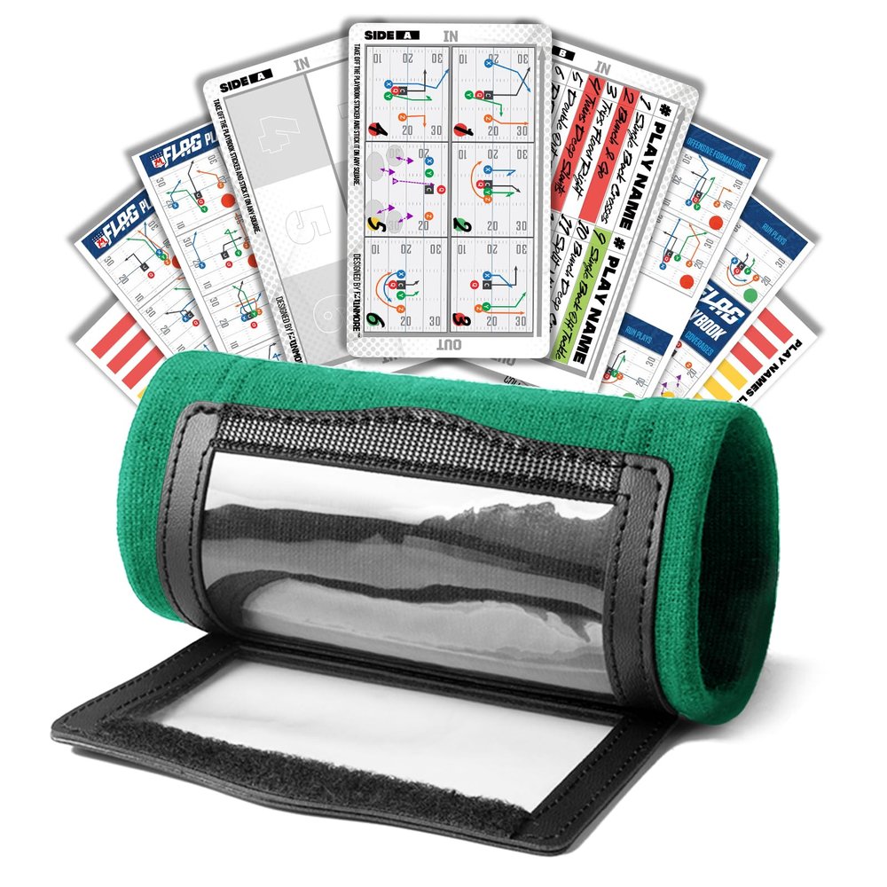 1NMORE 5v5, 7v7 Football Wristbands with Playbook System, Quarterback Wrist Coach for Youth, Flag Football Wrist Bands with Plays Stickers & PVC Cards (Green, 5 on 5)