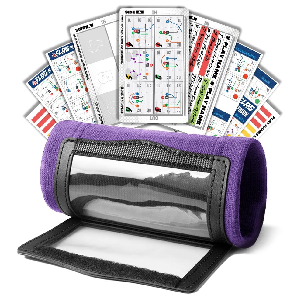 1NMORE 5v5, 7v7 Football Wristbands with Playbook System, Quarterback Wrist Coach for Youth, Flag Football Wrist Bands with Plays Stickers & PVC Cards (Purple, 5 on 5)