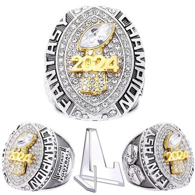 noblehead 2024 Fantasy Football Ring | Heavy FFL Champion Ring | Gold Silver Tone Plated Award Trophy for Fantasy Football League Winner (size 14, ring and stand together)