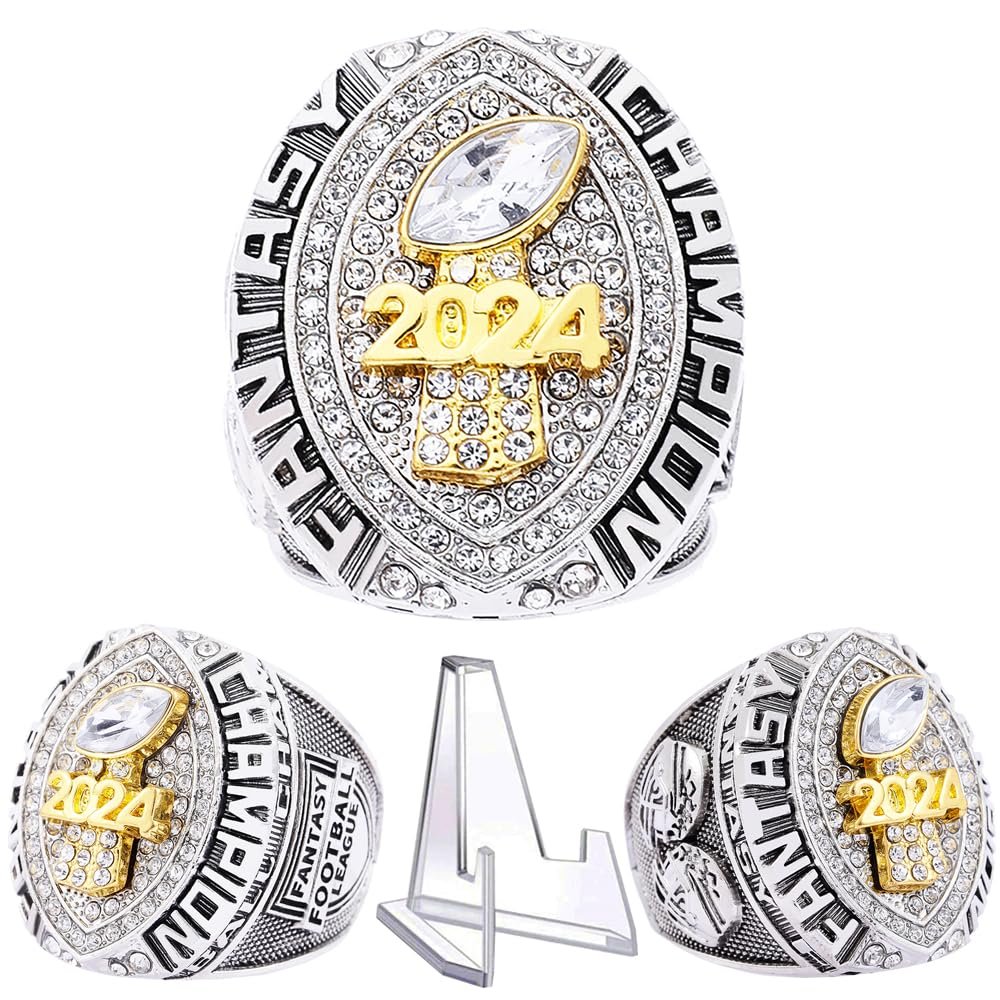 noblehead 2024 Fantasy Football Ring | Heavy FFL Champion Ring | Gold Silver Tone Plated Award Trophy for Fantasy Football League Winner (size 14, ring and stand together)