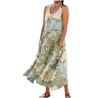 Floral Print Sundress for Women - Sleeveless Beach Long Dress, Round Neck, Cotton Linen, Flowy With Pockets, Swing Dress for Summer, White (3X-Large, 6-Light Blue)