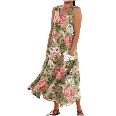 Generic Maxi Dress for Women Floral Print Sleeveless Cotton Linen Dresses with Pockets Casual Beach Flowy Long Dress Tie Dye Maxie Dresses Maxi Dress with Pockets and SleevesLarge,4-Light Brown