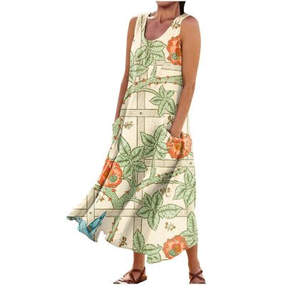 NineFit Basics Maxi Dress for Women Cotton Linen Beach Sleeveless Long Dress Flowy Floral Print Casual Dresses with Pockets Women's Linen Dresses Boho Hawaiian Print Dresses for Women5X-Large,8-Green