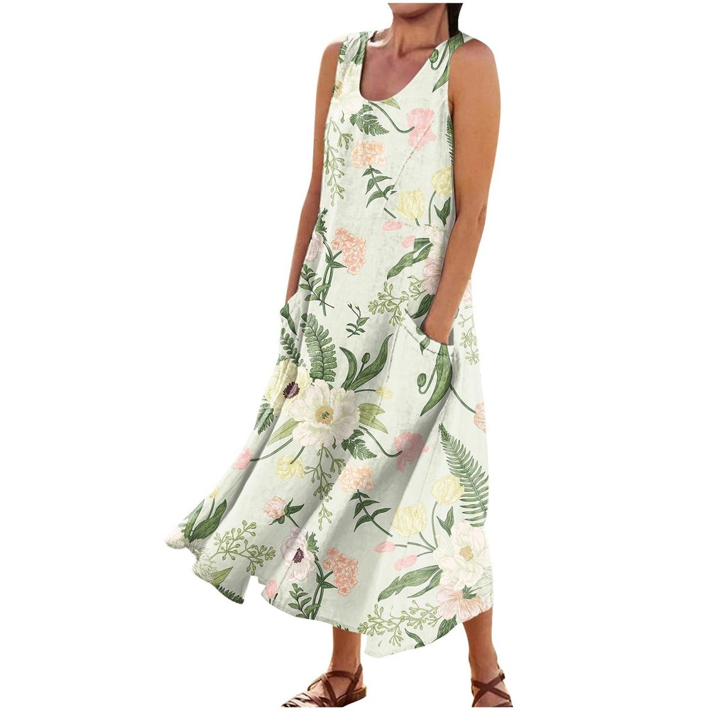 NineFit Basics Sundresses for Women Round Neck Sleeveless Flowy Dresses with Pockets Beach Floral Print Cotton Linen Long Dress Jersey Dress with Sleeves Maxi Pleated Dresses for WomenMedium,6-Green