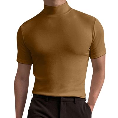 ACE4U 2024 Men's High Neck Slim Fit Short Sleeve T-Shirt, Gentlemans Business Short Sleeve Fitness T Shirt (Color : Khaki, Size : 3X-Large)