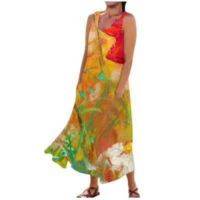 Generic Dresses for Women 2024 Round Neck Sleeveless Beach Long Dress Flowy Cotton Linen Floral Print Dresses with Pockets Easter Maxi Dresses for Women 2023 Misses Maxi DressesXX-Large,6-Orange