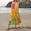 Generic Dresses for Women 2024 Round Neck Sleeveless Beach Long Dress Flowy Cotton Linen Floral Print Dresses with Pockets Easter Maxi Dresses for Women 2023 Misses Maxi DressesXX-Large,6-Orange view 3