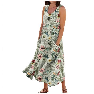 Generic Summer Dresses for Women 2024 Beach Cotton Linen Round Neck Long Dress Casual Floral Print Sleeveless Dresses with Pockets Beach Vacation Dresses Maxi Dresses Summer DressesX-Large,3-Green
