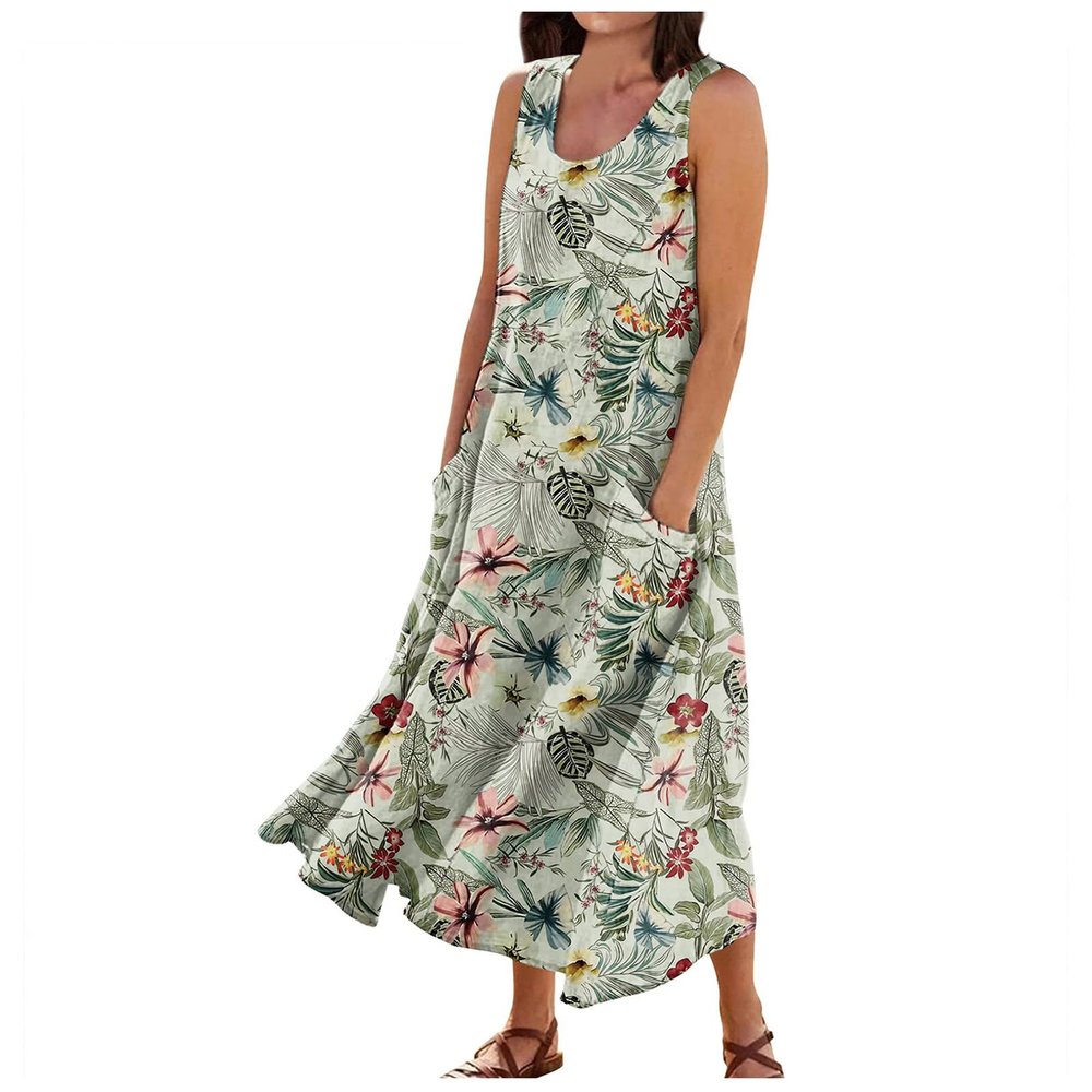 Generic Summer Dresses for Women 2024 Beach Cotton Linen Round Neck Long Dress Casual Floral Print Sleeveless Dresses with Pockets Beach Vacation Dresses Maxi Dresses Summer DressesX-Large,3-Green