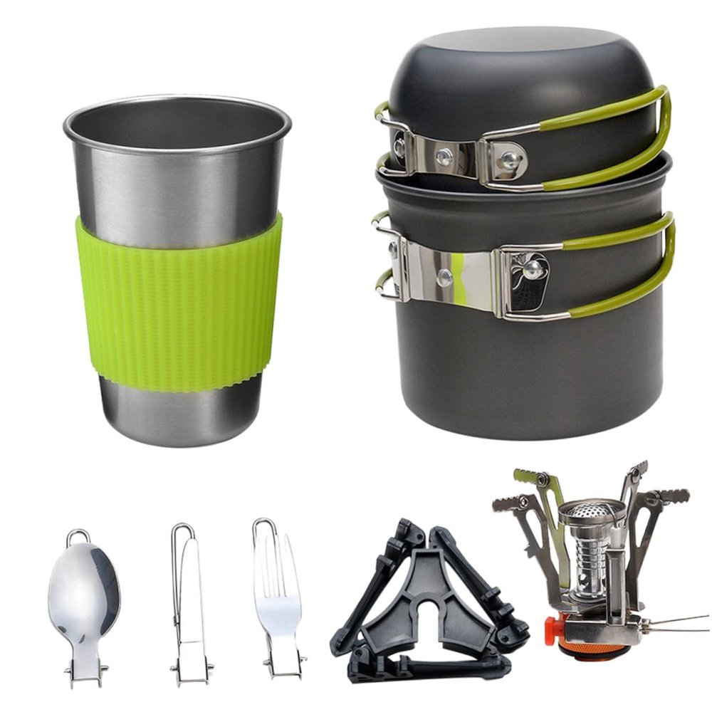 Kisangel Outdoor Camping Cookware Set Lightweight Gas Furnace Pot Set Green Handle for Hiking Picnics and Family Gatherings Essential Cookware Supplies for Cooking Outdoors