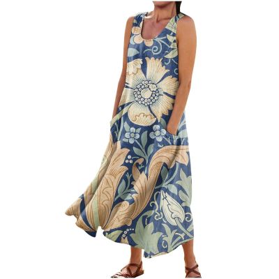 Sundresses for Women - Cotton Linen Flowy Beach Long Sleeveless Round Neck Casual Maxi Dress with Pockets - Summer Casual Maxi Dress for Women (XX-Large, 8-Blue)