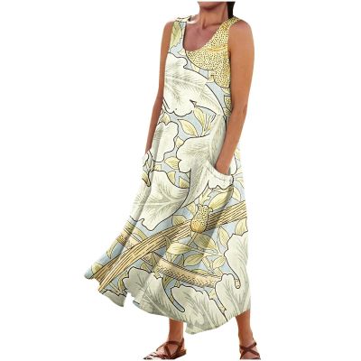 NineFit Basics Summer Dresses for Women 2024 Sleeveless Flowy Beach Dresses with Pockets Cotton Linen Casual Floral Print Long Dress Short Maxi Dress Summer Empire Sleeveless Sundress3X-Large,8-White