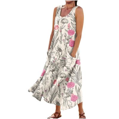 Women's Dresses Beach Floral Print Casual Dresses with Pockets Round Neck Sleeveless Cotton Linen Long Dress Women's Tropical Dresses White Tank Maxi Dresses for WomenMedium,7-Green