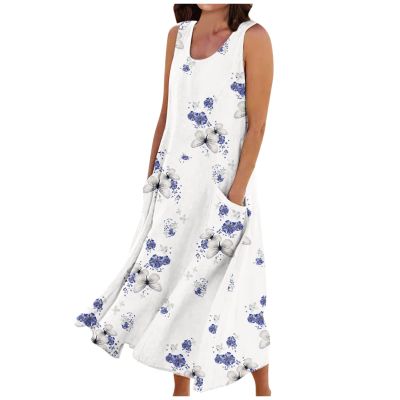 Maxi Dress for Women Floral Print Round Neck Casual With Pockets Sleeveless Cotton Linen Beach Long Plus Size Summer Boho(X-Large,4-Light Purple)