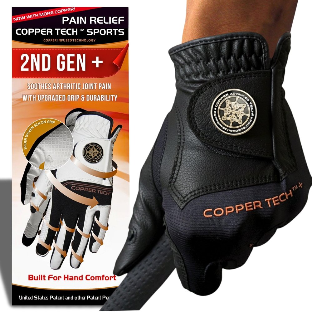 Copper Tech Plus Golf Gloves Men Right Handed Golfer or Left Handed Golfer (2nd Gen) | Copper Compression Joint Support Golf Glove (Black/Black, Medium-Large, Right)