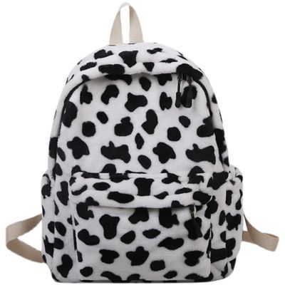 Selena Kawaii Backpack Large Capacity Black and White Cow Print Plush Fuzzy Cute Aesthetic Backpack (Black&White(no Accessories))