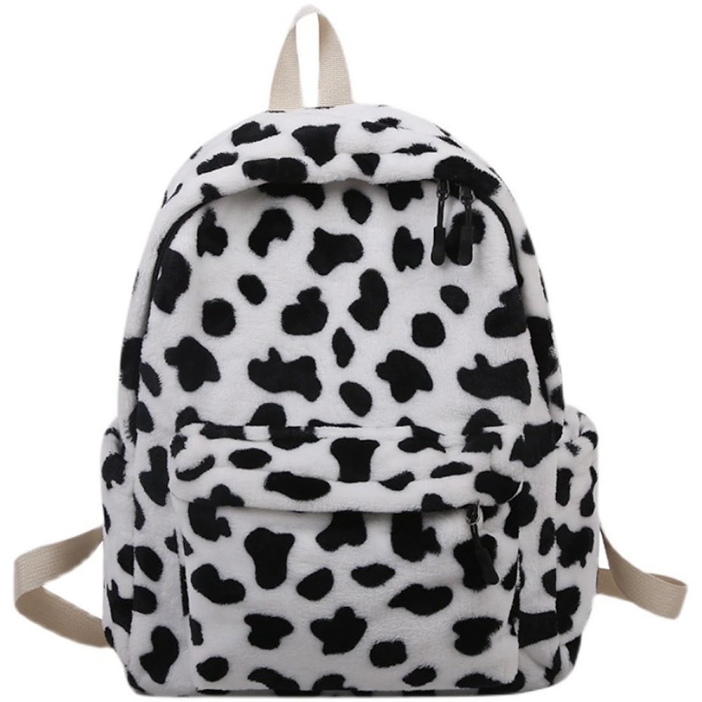 Selena Kawaii Backpack Large Capacity Black and White Cow Print Plush Fuzzy Cute Aesthetic Backpack (Black&White(no Accessories))