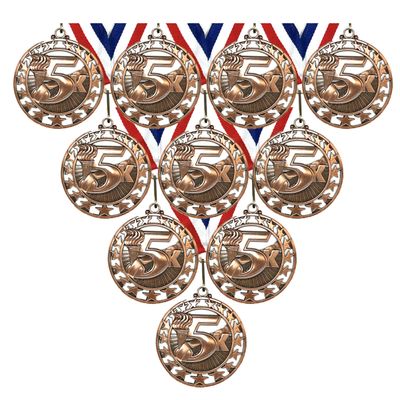 Express Medals 10 Pack of 2.5 Inch Die Cast Metal 5K Race Run Walk Award Medallions with Antique Bronze Finish and Red White & Blue Neck Ribbons Running Male Female Charity Event SSM