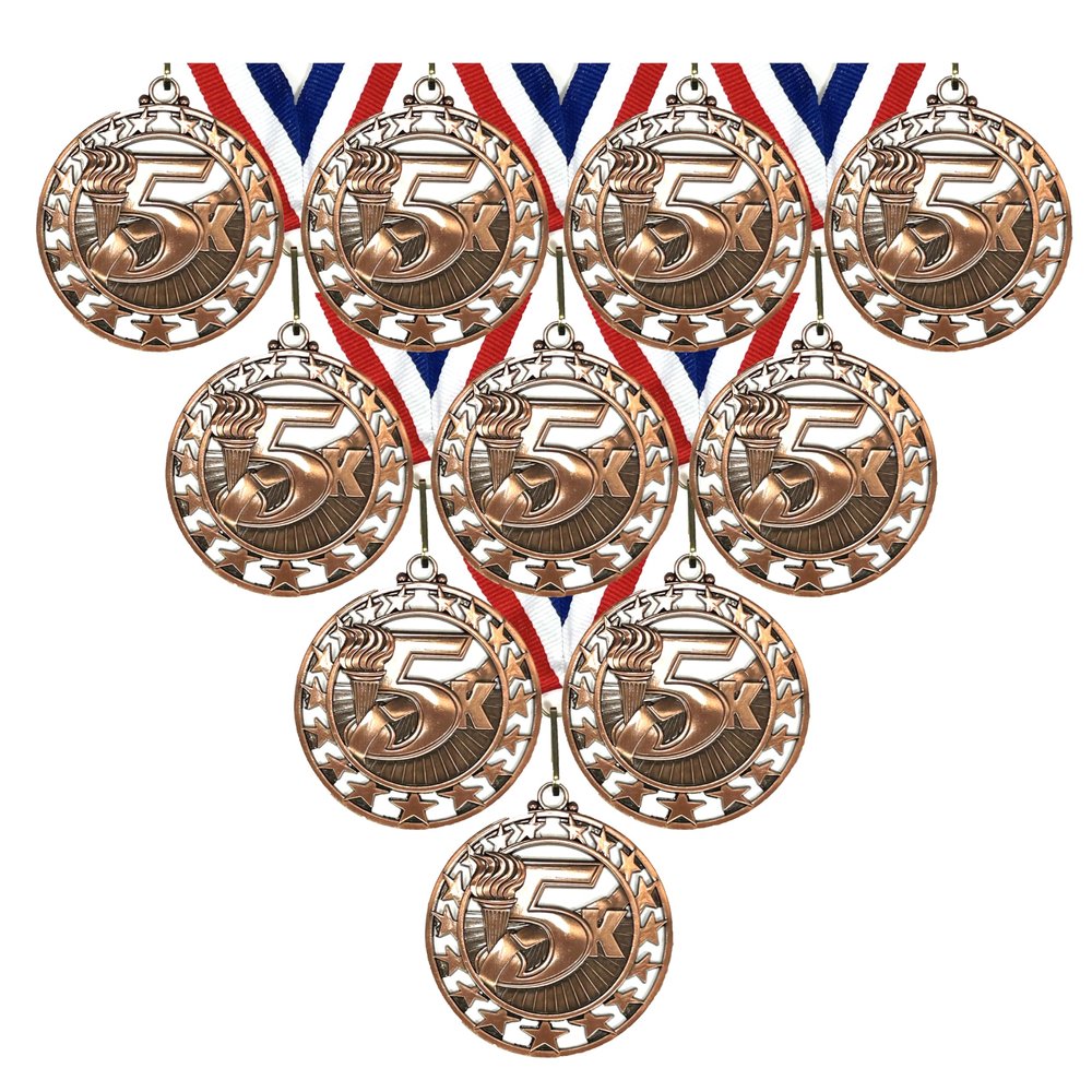 Express Medals 10 Pack of 2.5 Inch Die Cast Metal 5K Race Run Walk Award Medallions with Antique Bronze Finish and Red White & Blue Neck Ribbons Running Male Female Charity Event SSM