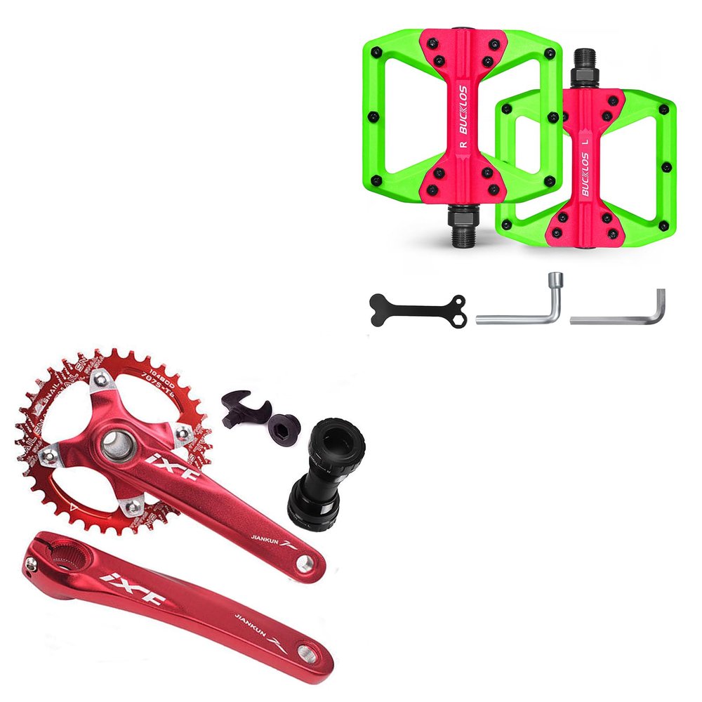 BUCKLOS IXF 104 BCD 30-52T Mountain Bike Crankset -Hollow Integrated MTB 170mm Crank Set and MTB Flat Nylon Bicycle Pedal with Large Platform -Non-Slip Colorful Pedals