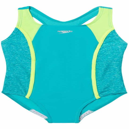 Speedo Girls Racerback Sport Splice One Piece Swimsuit (US, Alpha, Small, Regular, Turkish Sea Blue/Neon Light Green)