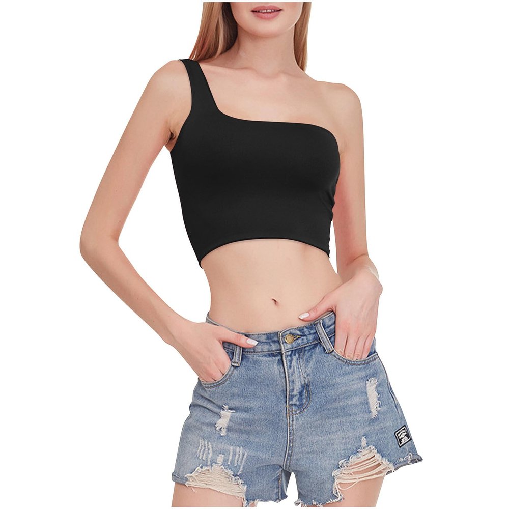 Womens One Shoulder Crop Tops Asymmetrical Sleeveless Tank 2024 Summer Beach Solid Cropped Top Slim Fit Sport Workout Black