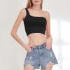 Womens One Shoulder Crop Tops Asymmetrical Sleeveless Tank 2024 Summer Beach Solid Cropped Top Slim Fit Sport Workout Black view 3