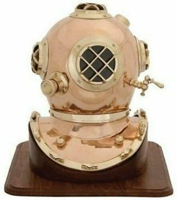 NineFit Basics Brass & Copper Mark IV Marine Scuba Diving Divers Helmet Plating W/Wooden Base, As shown in image