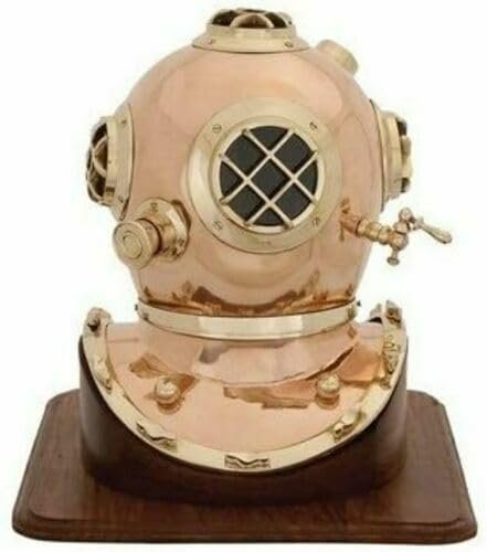 NineFit Basics Brass & Copper Mark IV Marine Scuba Diving Divers Helmet Plating W/Wooden Base, As shown in image