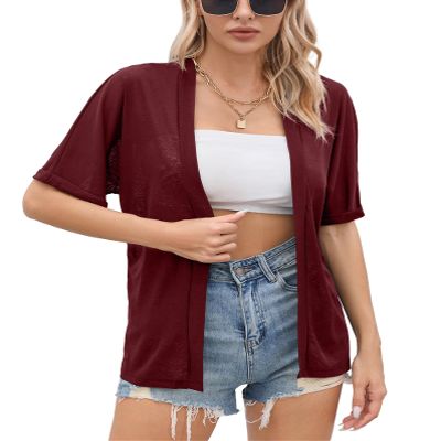 Iandroiy Women's Lightweight Open Front Cardigans Casual Short Sleeve Blouse Tops 2X-Large, Wine Red