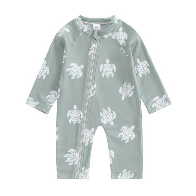 Toddler Baby Boy Swimsuit One Piece Rash Guard Swimwear Long Sleeve Turtle Bathing Suit Zip Up Beachwear Sunsuit (Army Green, 6-12 Months)