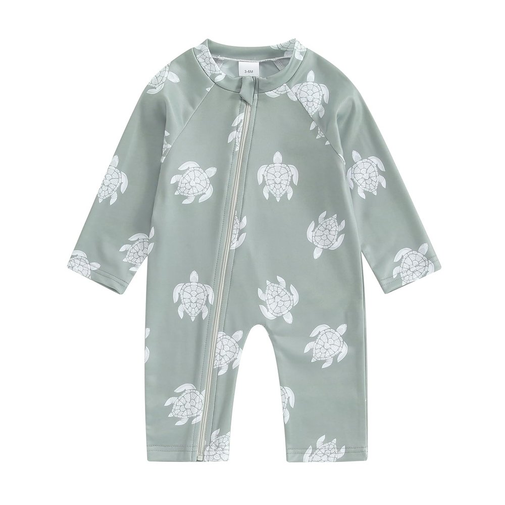 Toddler Baby Boy Swimsuit One Piece Rash Guard Swimwear Long Sleeve Turtle Bathing Suit Zip Up Beachwear Sunsuit (Army Green, 6-12 Months)