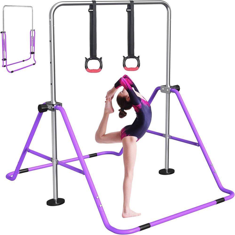 FBSPORT Gymnastics Bar for Kids with Rings,Adjustable Height Gymnastic Horizontal Bars Junior Training Bar Children Folding Training Monkey Bars for Home Using