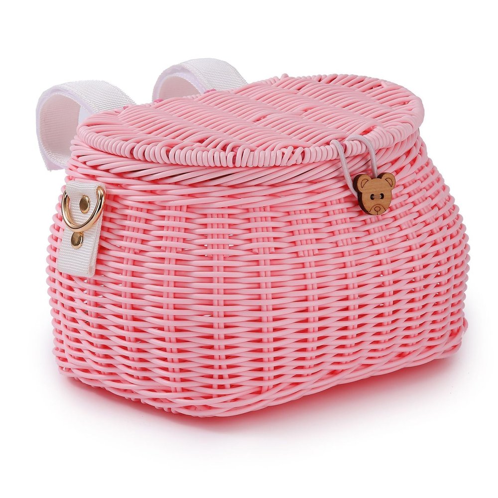SVNR Kids Bike Basket, Bike Basket Front, Bicycle Baskets for Boys and Girls, Handwoven Backpack with Lid Shoulder Strap, Rattan Front Handlebar Baskets, Pink