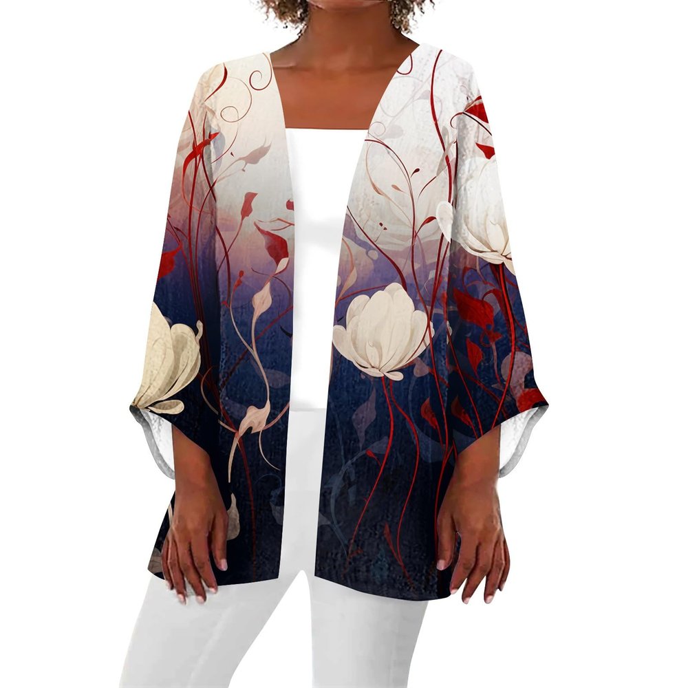 Blusas Casuales De Mujer Bonitas Kimono Cardigans for Women Dressy Casual Lightweight Cardigan Half Sleeve Summer Kimono Cover Up Tops Plus Size Vacation Outfits Spring Fashion(D Red,Medium)