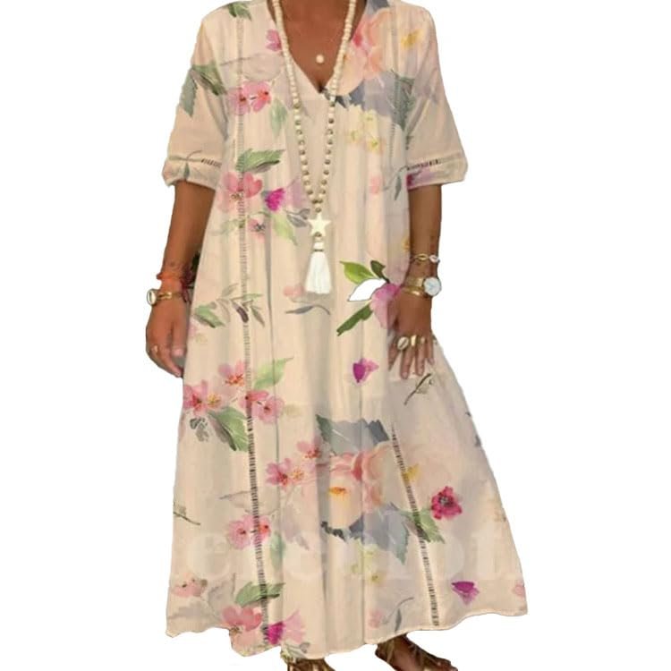 Women Boho Floral Print Half Sleeve Maxi Dress Plus Size Casual V Neck Lace Hollow Flowy Vacation Long Beach Tshirt Tunic Dress