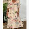 Women Boho Floral Print Half Sleeve Maxi Dress Plus Size Casual V Neck Lace Hollow Flowy Vacation Long Beach Tshirt Tunic Dress view 2