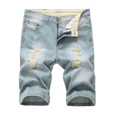 Casual Ripped Denim Shorts for Men Vintage Summer Straight Jeans Shorts Knee Length Distressed Wash Short Jeans (Blue4,32)