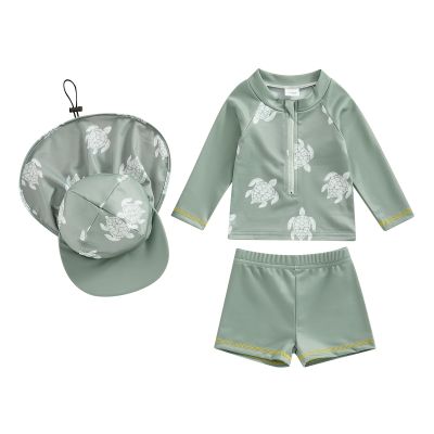 Ursobutegl Toddler Baby Boy Girl Swimsuit Zip Up Rash Guard T-Shirt Shorts with Hat Swimwear Bathing Suit Beachwear Sunsuit (Green, 2-3 Years)