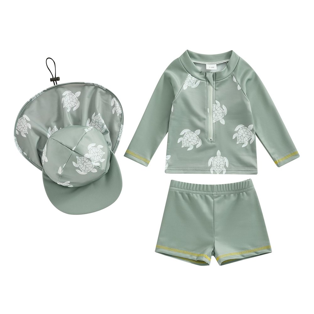 Ursobutegl Toddler Baby Boy Girl Swimsuit Zip Up Rash Guard T-Shirt Shorts with Hat Swimwear Bathing Suit Beachwear Sunsuit (Green, 2-3 Years)