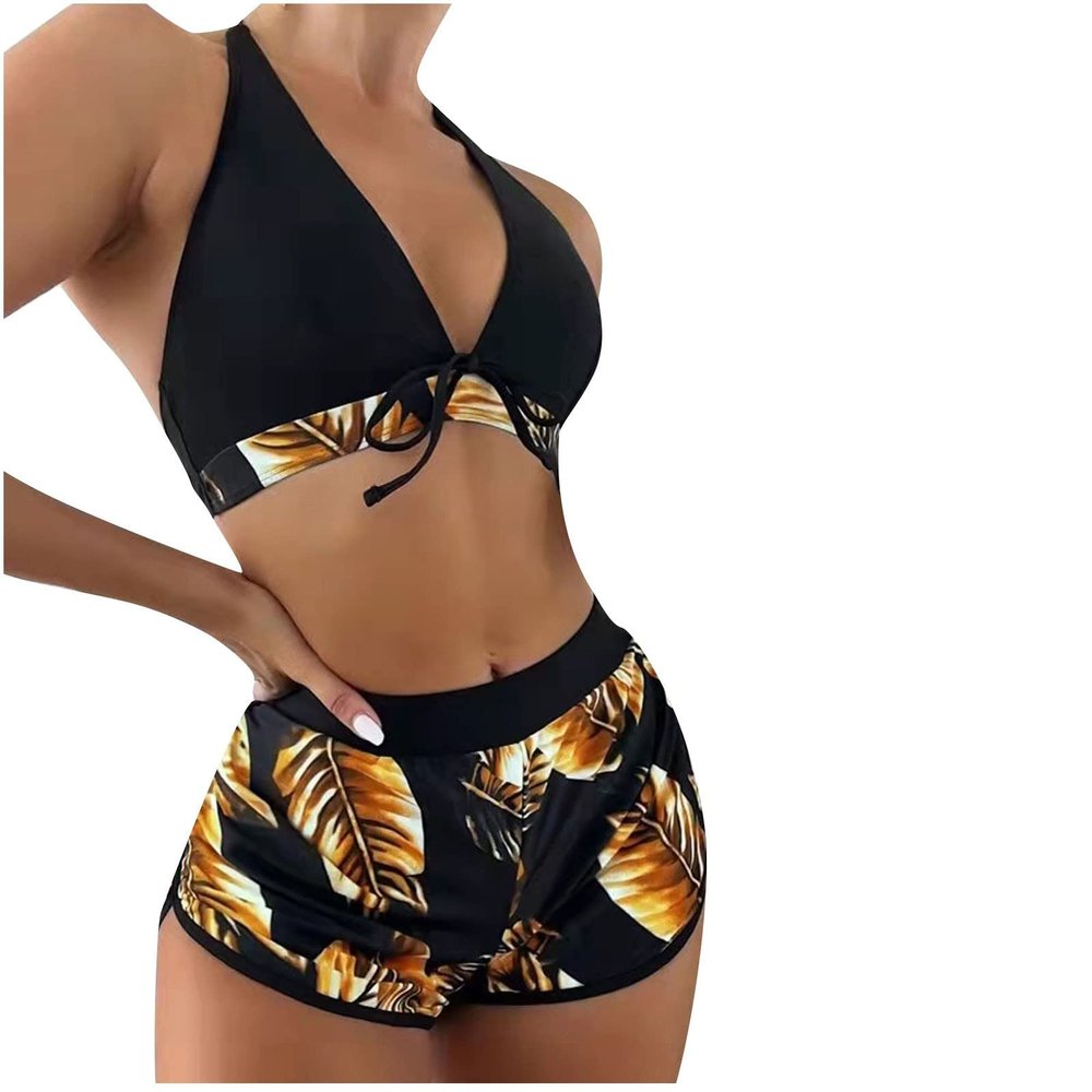 Women Women's 3 Piece High Waisted Hawaiian Tropical Print Halter Bikini Swimsuit Bathing Suit Briefs with Boyshorts