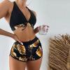 Women Women's 3 Piece High Waisted Hawaiian Tropical Print Halter Bikini Swimsuit Bathing Suit Briefs with Boyshorts view 2