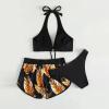 Women Women's 3 Piece High Waisted Hawaiian Tropical Print Halter Bikini Swimsuit Bathing Suit Briefs with Boyshorts view 3
