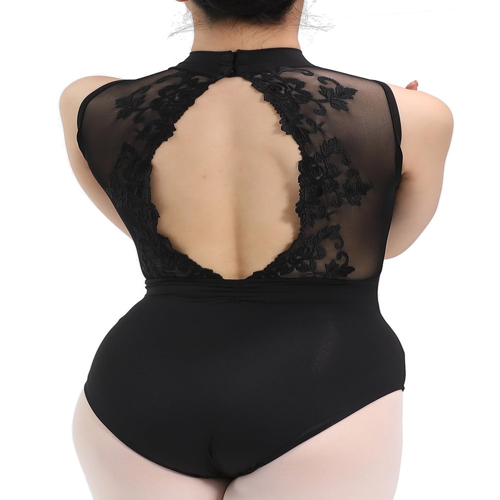 Dance Elite - Imogen - Sleeveless Dance Leotard with Embroidery on Mesh Open Back For Women (Black, Adult XS)